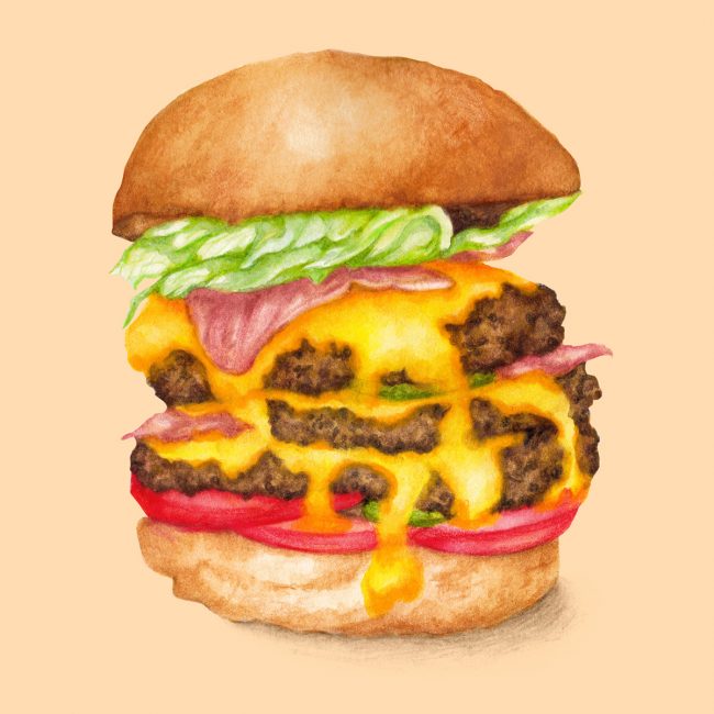 watercolour food-illustration-juicy-cheese-burger comfort food
