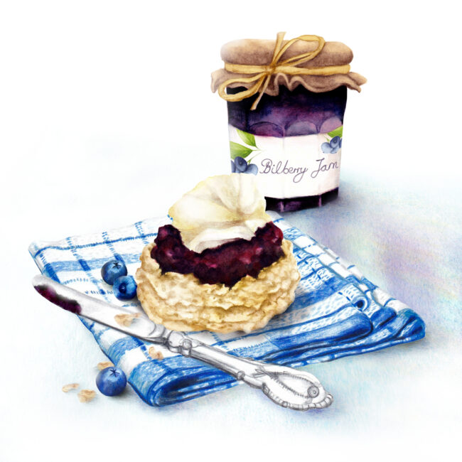 watercolour food illustration scone with jam and cream