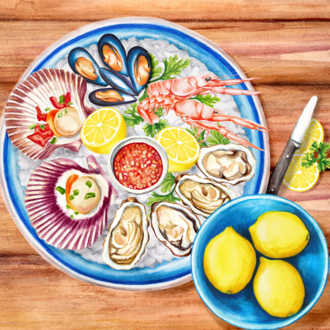 watercolor food illustration seafood platter still life